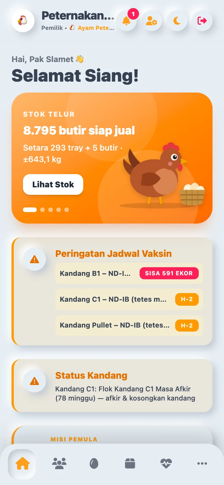 Beranda aplikasi Ternaka: stok telur siap jual, peringatan jadwal vaksin, dan status kandang