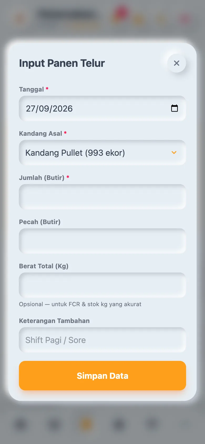 Form input panen telur di Ternaka: kandang, jumlah butir, pecah, dan berat total