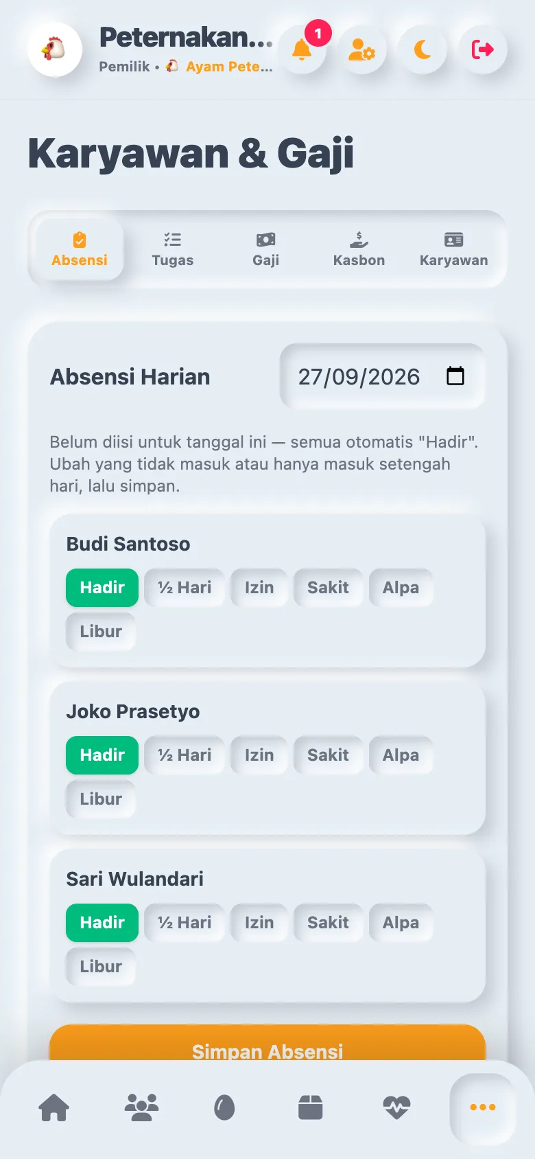 Absensi harian karyawan di Ternaka: pilihan hadir, setengah hari, izin, sakit, alpa, libur